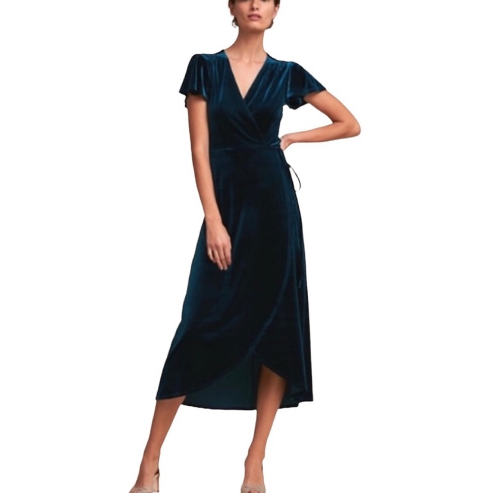 BHLDN from Anthropologie Velvet Wrap dress in emerald green